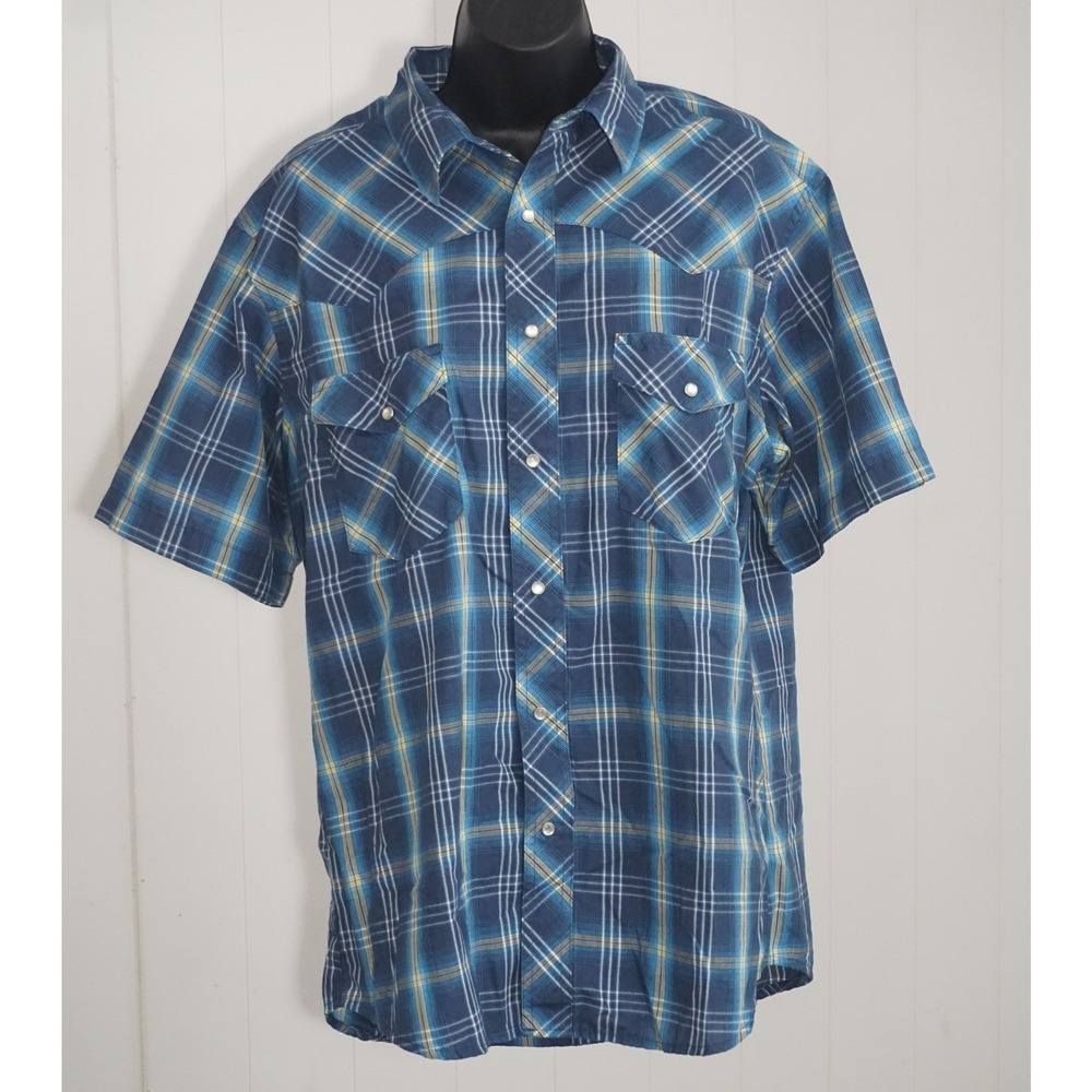 Wrangler Large Short Sleeve Blue Plaid Western Snap Shirt